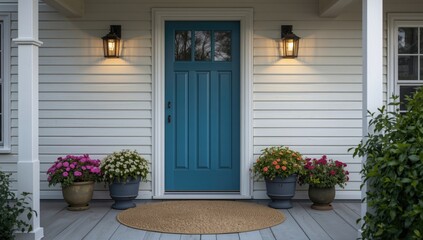 Fototapeta premium Natural fiber rug and coastal shiplap walls frame a vivid blue door with charming potted flowers and tasteful outdoor lighting