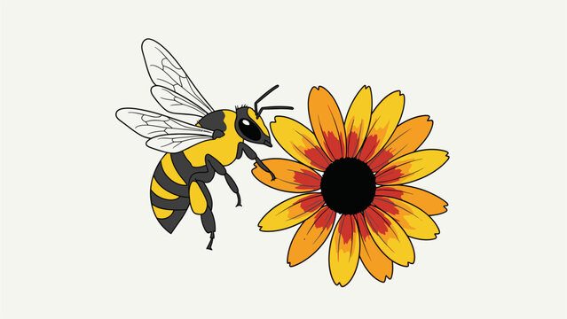 A busy flying insect with delicate wings approaches a vibrant blooming plant for nectar collection This yellow and black striped creature represents springtime life and the ecological importance