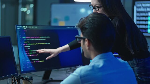 Asian woman pointing at monitor with program code while male coworker listens, pair programming and mentoring in dark office at night.