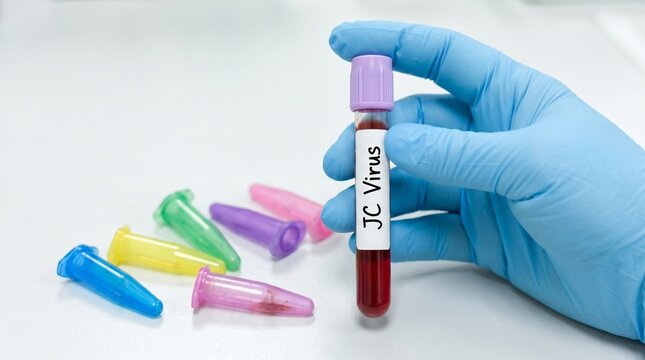 Medical researcher holding blood sample tube for jc virus testing with colorful lab equipment in background for healthcare diagnostics and clinical monitoring of patient health status.