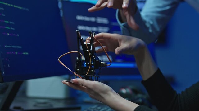 Close up of hands holding robotic arm prototype while colleague points at it, code on monitor behind, robotics engineering and development.