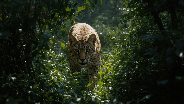 Wild feline emerging from dense thicket under dappled sunlight