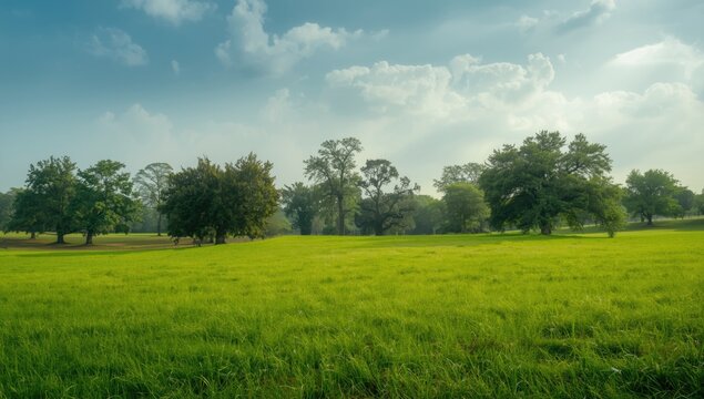 Lush green field and trees under a cloudy sky