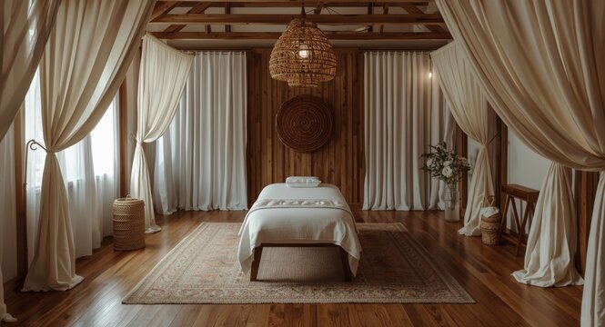 Rustic open air massage room with hardwood floor and boho white drapes