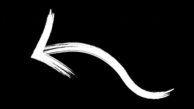 White brush stroke arrow animation pointing left, hand drawn chalk return back indicator icon alpha loop.