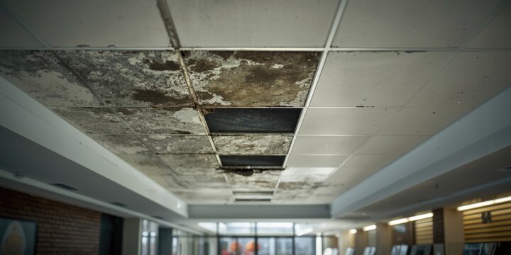 Interior ceiling tile with extensive water damage and mold in a retail space