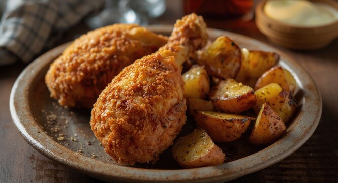 Crispy deep fried broasted chicken served with roasted potatoes on a rustic plate