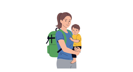 Fototapeta premium Woman holding baby with backpack on.