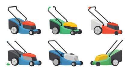 Naklejka premium Lawn mower riding tractor silhouette set, zero-turn garden mowers vector icons for landscaping, gardening graphic