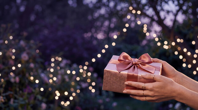 Hands holding shiny rose gold gift box tied with elegant silk ribbon against twilight outdoor background featuring warm string lights bokeh for holidays.