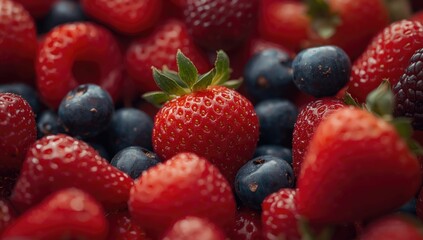 Obraz premium Fresh strawberries and blueberries in a colorful mix