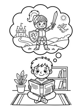 Boy reading a book and imagining himself as a brave knight line art with imagination, dreaming