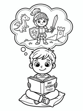 Child boy reading my story book and imagining a knight adventure with dragon and castle, imagination