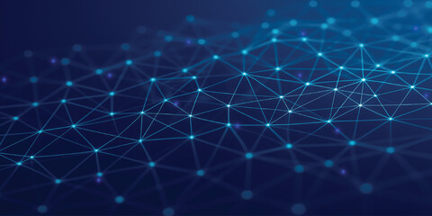 Network connection concept with glowing blue nodes and interconnected lines representing global data digital technology art. © Roni