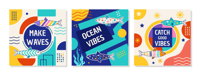 Retro colorful fish greeting card set vector © Мария Князь