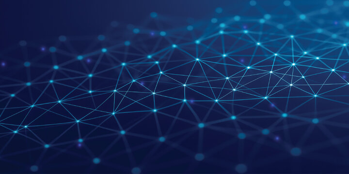 Network connection concept with glowing blue nodes and interconnected lines representing global data digital technology art.