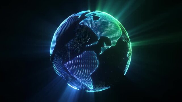 Abstract 3D animated globe with glowing green network lines