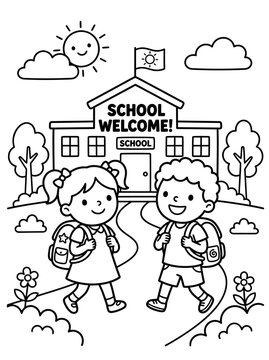Children walking to school coloring page illustration with children backpacks building education