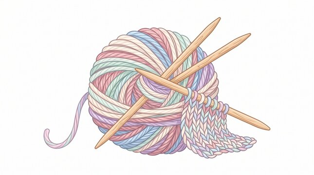 A ball of multicolored yarn with knitting needles.