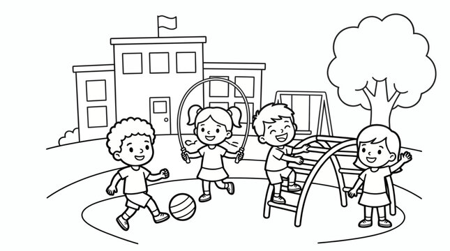 Children playing in school playground coloring page with children playground climbing activity