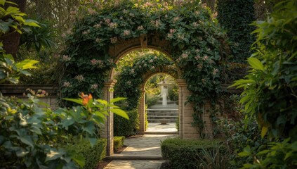 Obraz premium Tranquility filled garden path with elegant arched entrance wrapped in vibrant climbing plants and thick foliage