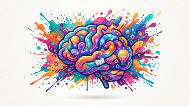 Vibrant colorful brain with paint splashes.