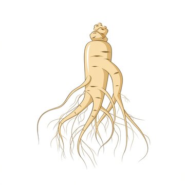 Root vegetable illustration featuring ginseng roots with a unique twisted shape and fine hair-like extensions set on a clean white background