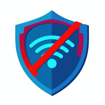 Digital shield icon representing secure connection with disabled Wi-Fi signal. Suitable for technology and cybersecurity themes. Vector illustration.