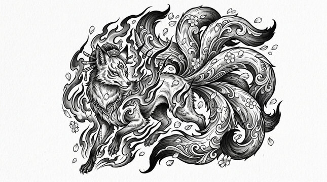 Mythical Nine Tailed Fox Spirit Illustration.