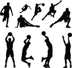 Set of professional basketball player silhouettes featuring various action poses including shooting, dunking, jumping, and dribbling for sports designs © SreeRupali
