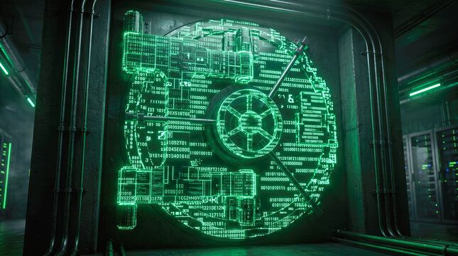 Heavy metal bank vault door glowing with bright green digital computer code representing advanced cybersecurity financial protection crypto currency secure database