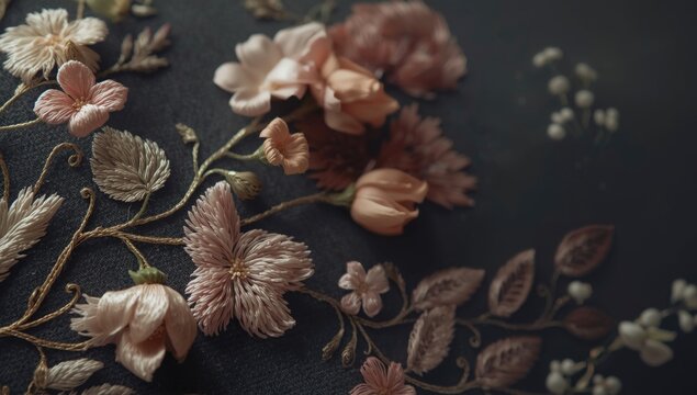 Elegant embroidered floral motif showing detailed blossoms on dark backdrop appropriate for fashion