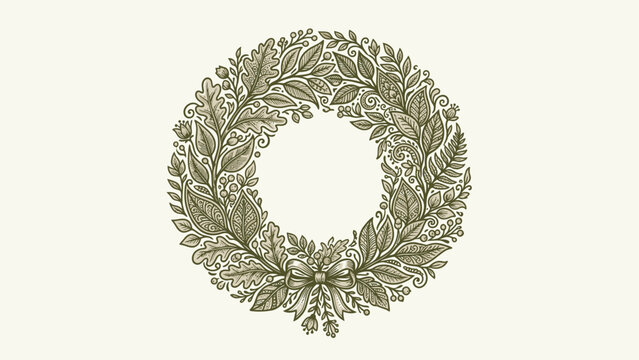This decorative floral circular design element presents a natural arrangement of various foliage types and small fruits forming a unique border perfect for celebratory occasions and special