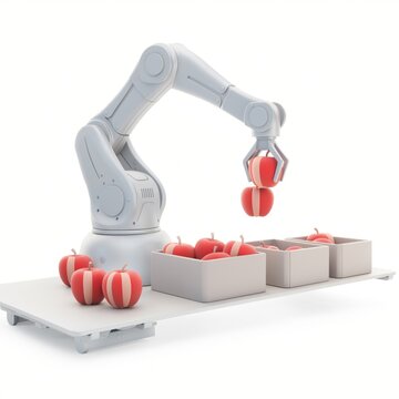 Robotic Arm Sorting Fresh Apples into Containers with Precision and Efficiency in Modern Agricultural Technology Scene