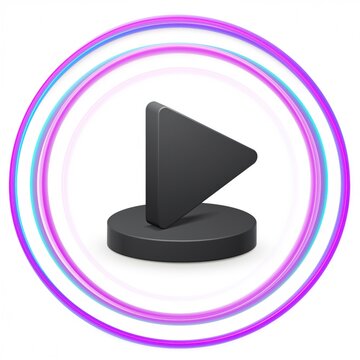 Modern black play button with a sleek design surrounded by glowing colorful circles on a bright background for multimedia and streaming concepts