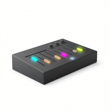 Modern audio mixer device with colorful glowing sliders and knobs for sound engineering, music production, and studio recording applications
