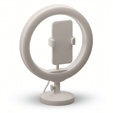Minimalist round ring light setup with smartphone holder on a sleek base ideal for photography, videography, content creation, and makeup applications
