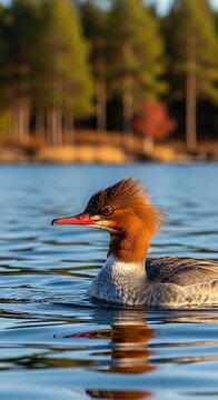 Majestic Merganser Duck Swimming in Calm Forest Lake.