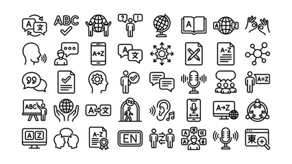 Collection of line icons for language learning and education concepts with various symbols and graphics on transparent background © PROHALLAD SARKAR  SA