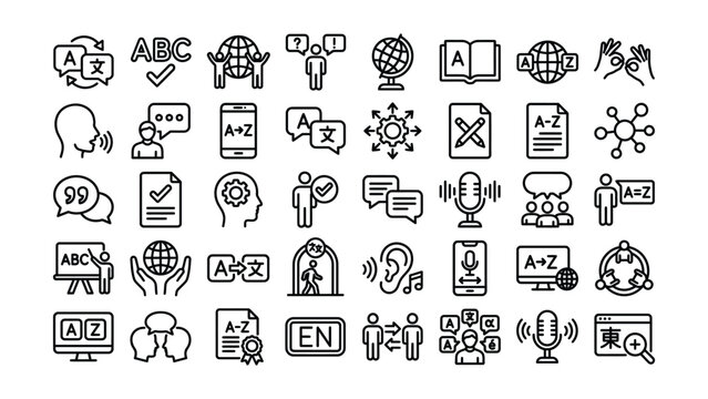 Collection of line icons for language learning and education concepts with various symbols and graphics on transparent background