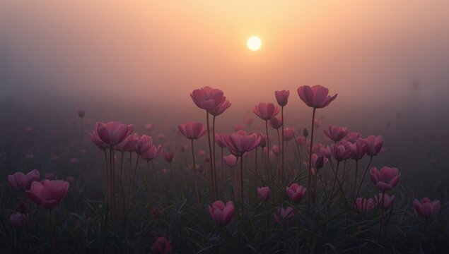 Tranquil dusk atmosphere with pink Asian buttercup flowers in light fog