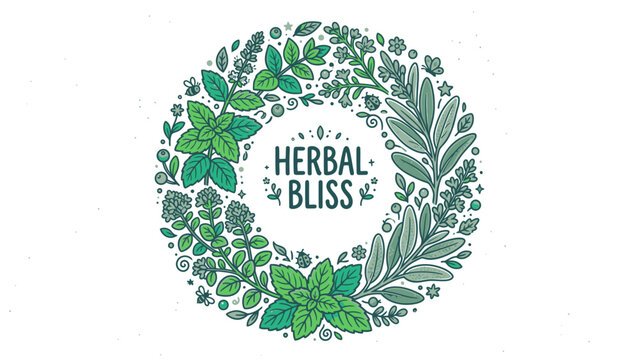 A beautiful botanical circular arrangement featuring various green leaves and fresh herbs forming a natural wreath design for wellness product branding and organic lifestyle concepts