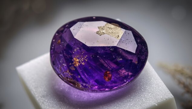 Macro shot of a sugilite jewel stone with natural inclusions on white base