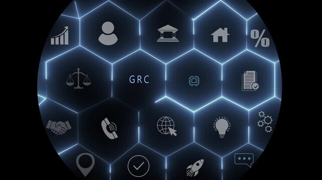 A business professional interacts with a digital GRC interface, highlighting governance, risk, and compliance. 3d Motion graphics of technology icon interface background