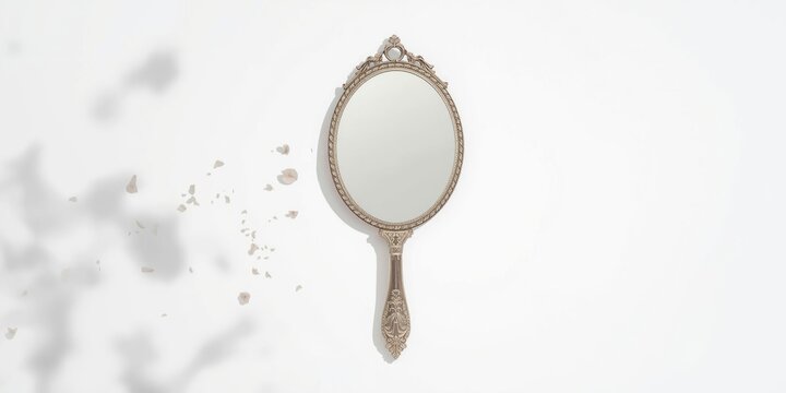 Antique hand mirror with ornate handle on a white background