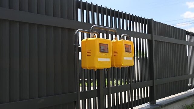 Yellow security lockboxes hanging on dark metal fence beside urban property entrance