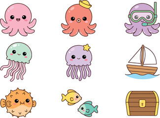 Cute Ocean Animal Character Collection with Octopus Jellyfish Fish Treasure Chest and Sailboat Cartoon Vector Illustration Set © sumi