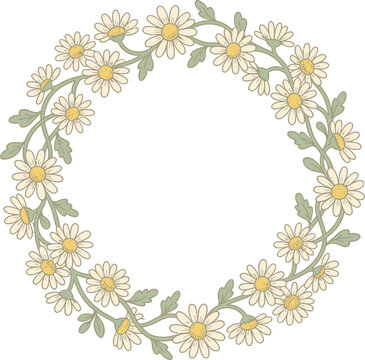 A beautiful spring flower wreath created with charming daisies and lush green leaves forms a decorative circular border perfect for various design projects and invitations