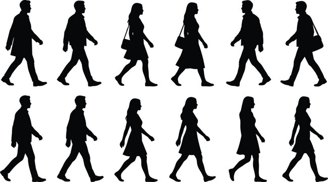 Collection of men and women walking side view vector silhouettes isolated on white background