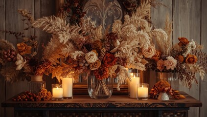 Fototapeta premium Inviting interior design using dried floral displays and warm candlelight